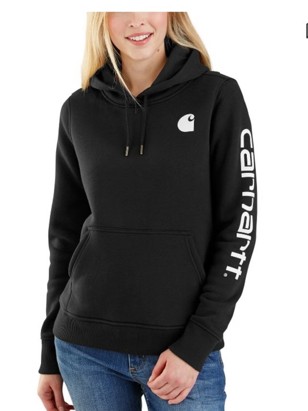 Carhartt Women's Black Pullover Hoodie with White Logo Sleeve